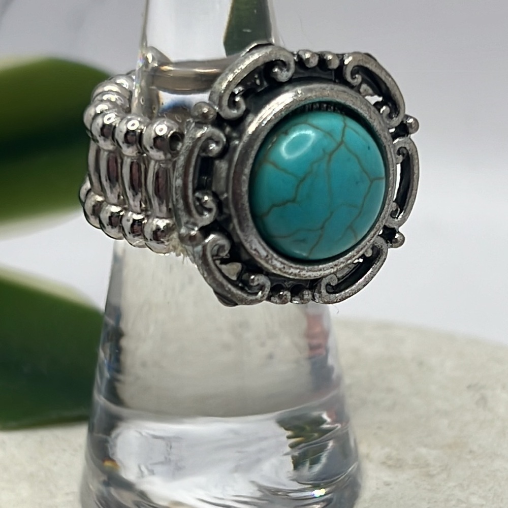 Faux Turquoise Button Stretch Ring. - image 5